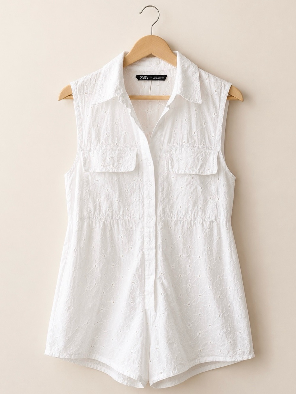 Zara White Eyelet Cotton Romper Playsuit Sleeveless Button-Front Patch Pockets M
